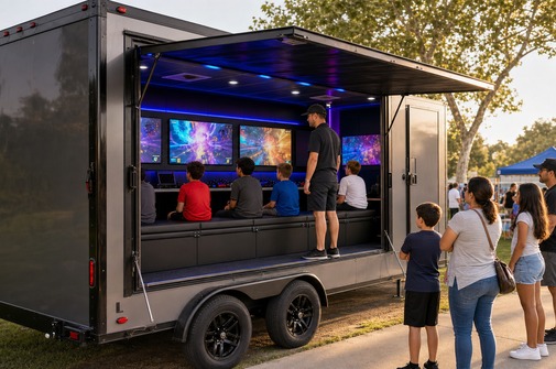 Mobile gaming trailer hosting a video game party at an outdoor community event