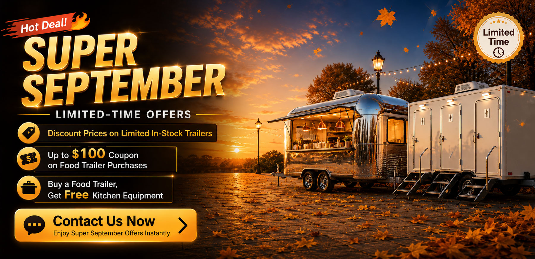 Super September food trailer promotion featuring limited in-stock trailer discounts, up to $100 coupon, free kitchen equipment, and a silver food trailer displayed in a warm autumn sunset setting.