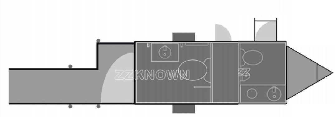 Technical illustration of a 4m long white toilet trailer