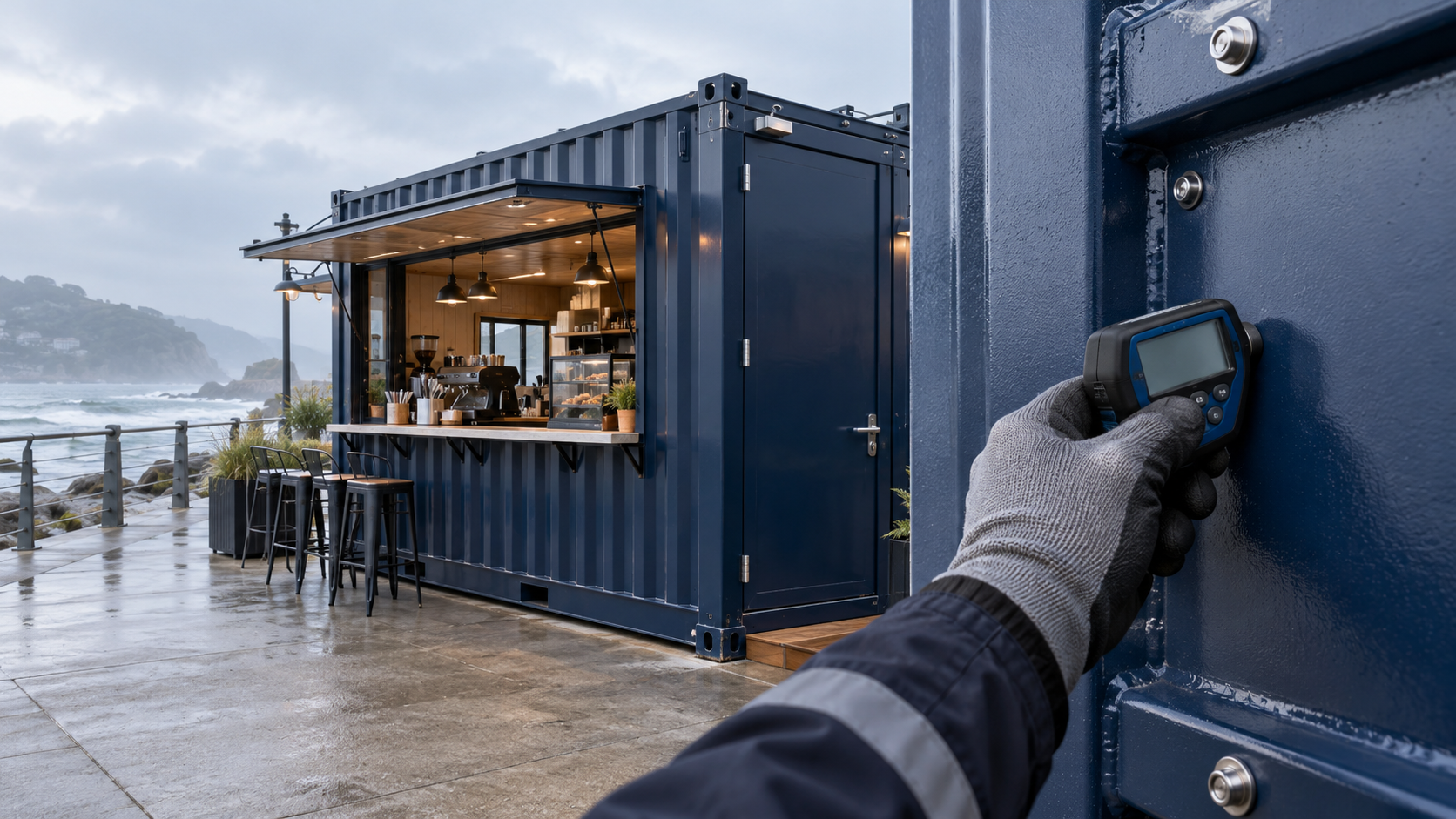 Illustrative coastal container cafe and coating thickness inspection concept