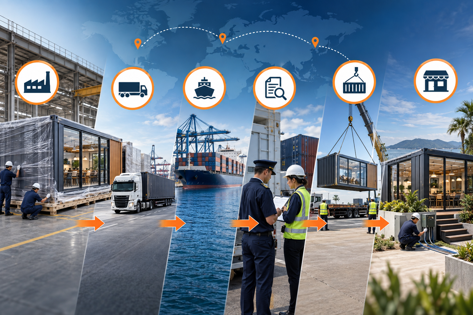 Shipping and landed cost stages for an exported container restaurant