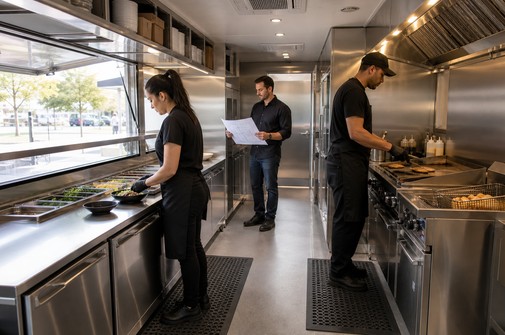 Two food trailer workers using separate ergonomic prep and cooking stations