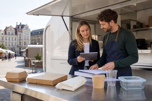 European food trailer operator reviewing takeaway packaging options with a supplier