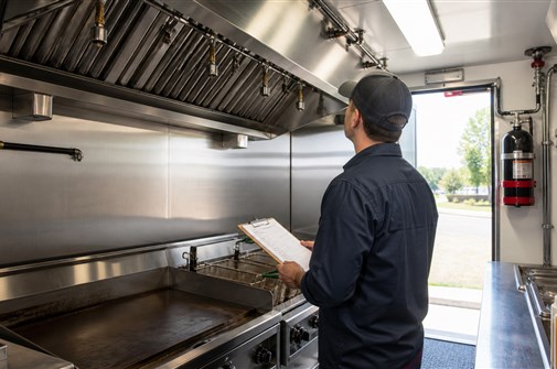 Food trailer fire safety inspection inside a commercial mobile kitchen