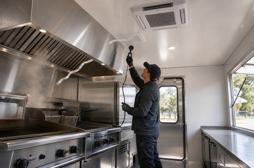 Technician checking make-up air and exhaust airflow inside a food trailer