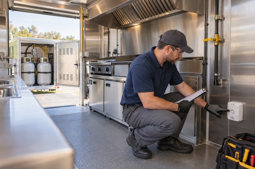 Qualified technician checking a low-mounted propane alarm inside a food trailer