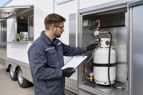 Engineer inspecting a food trailer propane cylinder cabinet and gas system