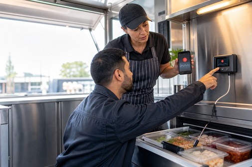 Food trailer operator and engineer checking a refrigeration temperature monitor and phone alarm