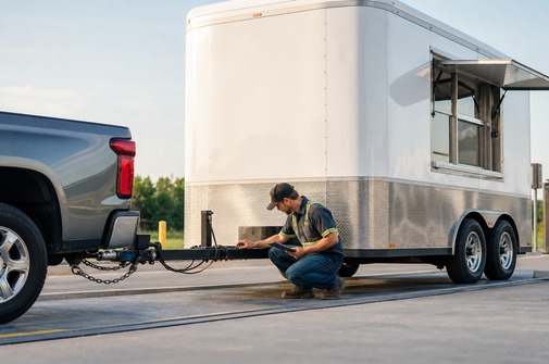 Engineer checking a food trailer hitch and towing setup at a vehicle weigh station