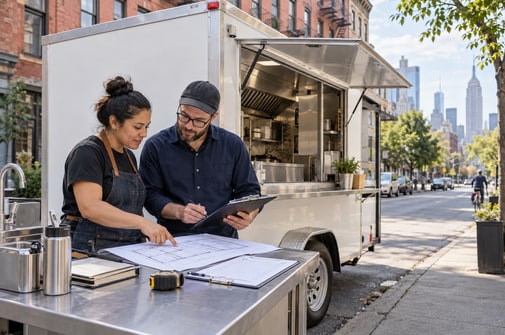 Food trailer operator and layout specialist reviewing a mobile kitchen plan in New York City