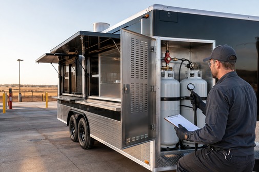 Qualified inspector checking the propane system on a mobile food trailer before an Oklahoma inspection