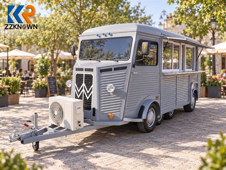 Grey retro food trailer front and service-side view
