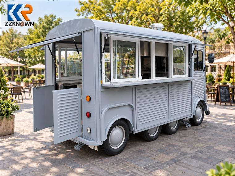 Grey food trailer rear and service-side view