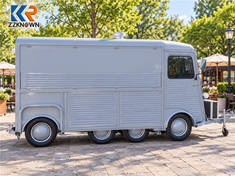 Grey food trailer closed service-side view