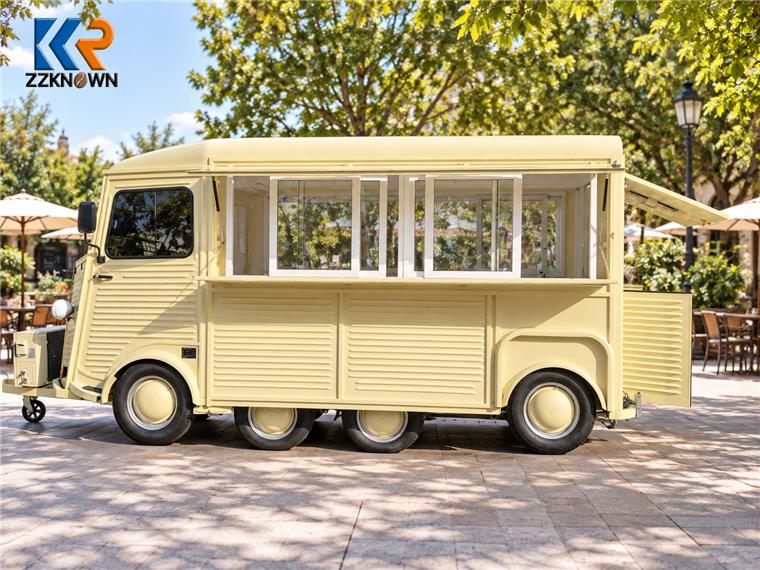 Cream yellow 5m food trailer with sliding glass service windows