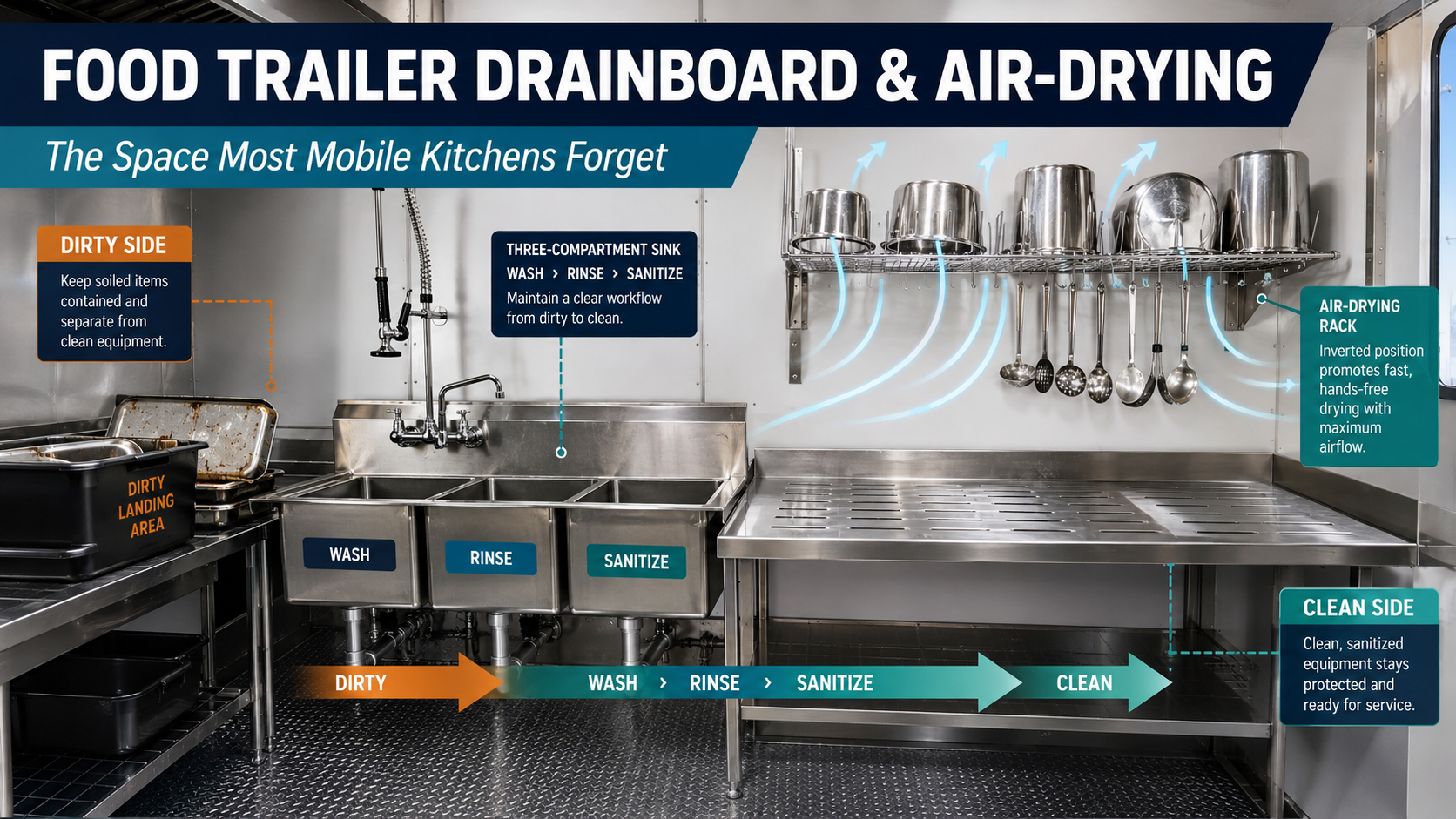 Food trailer drainboard and air-drying space beside a three-compartment sink