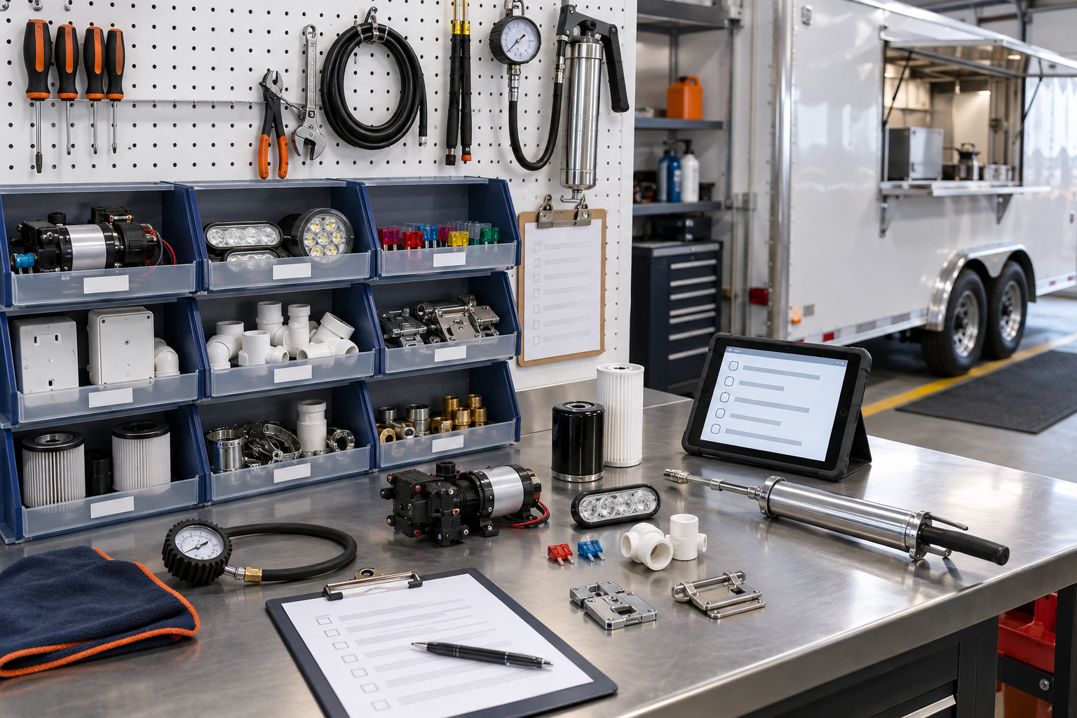 Organized food trailer fleet maintenance station with standardized pumps lights fuses plumbing parts latches and records