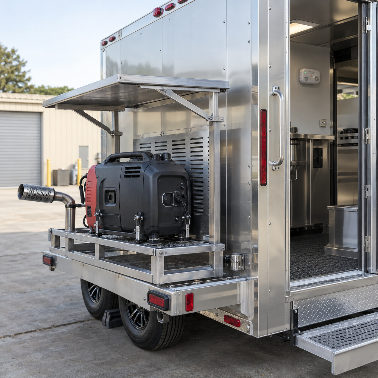 Open external food trailer generator platform with heat shielding and carbon monoxide alarm planning