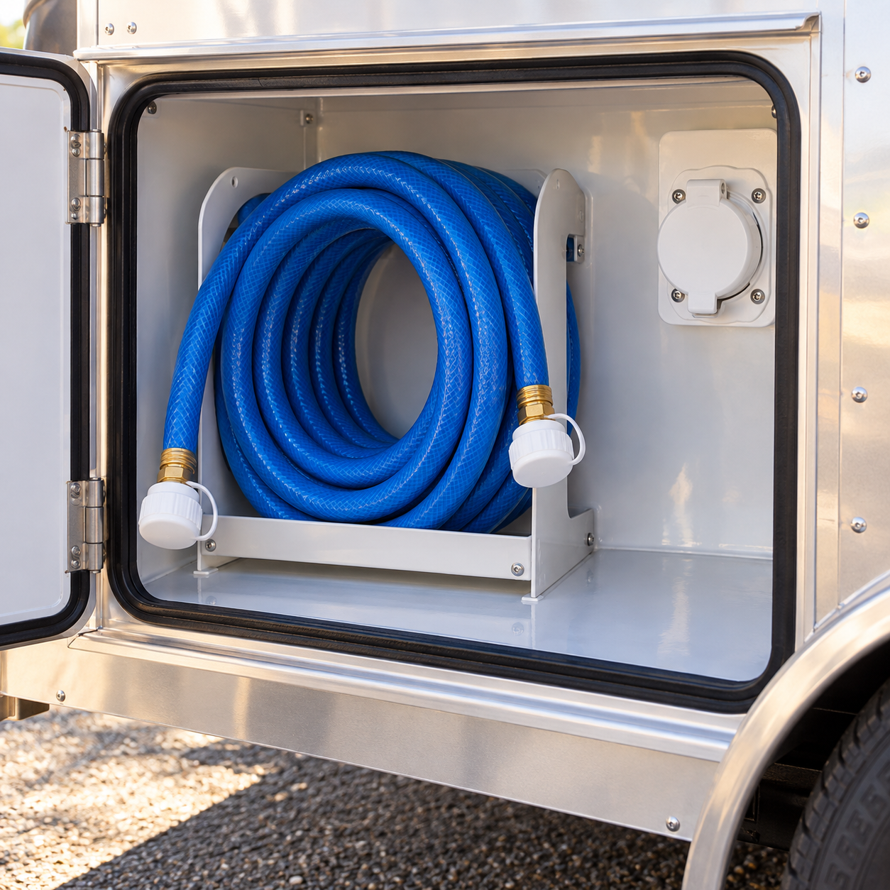 Illustrative dedicated blue potable water hose coiled with both ends capped in a clean side storage compartment