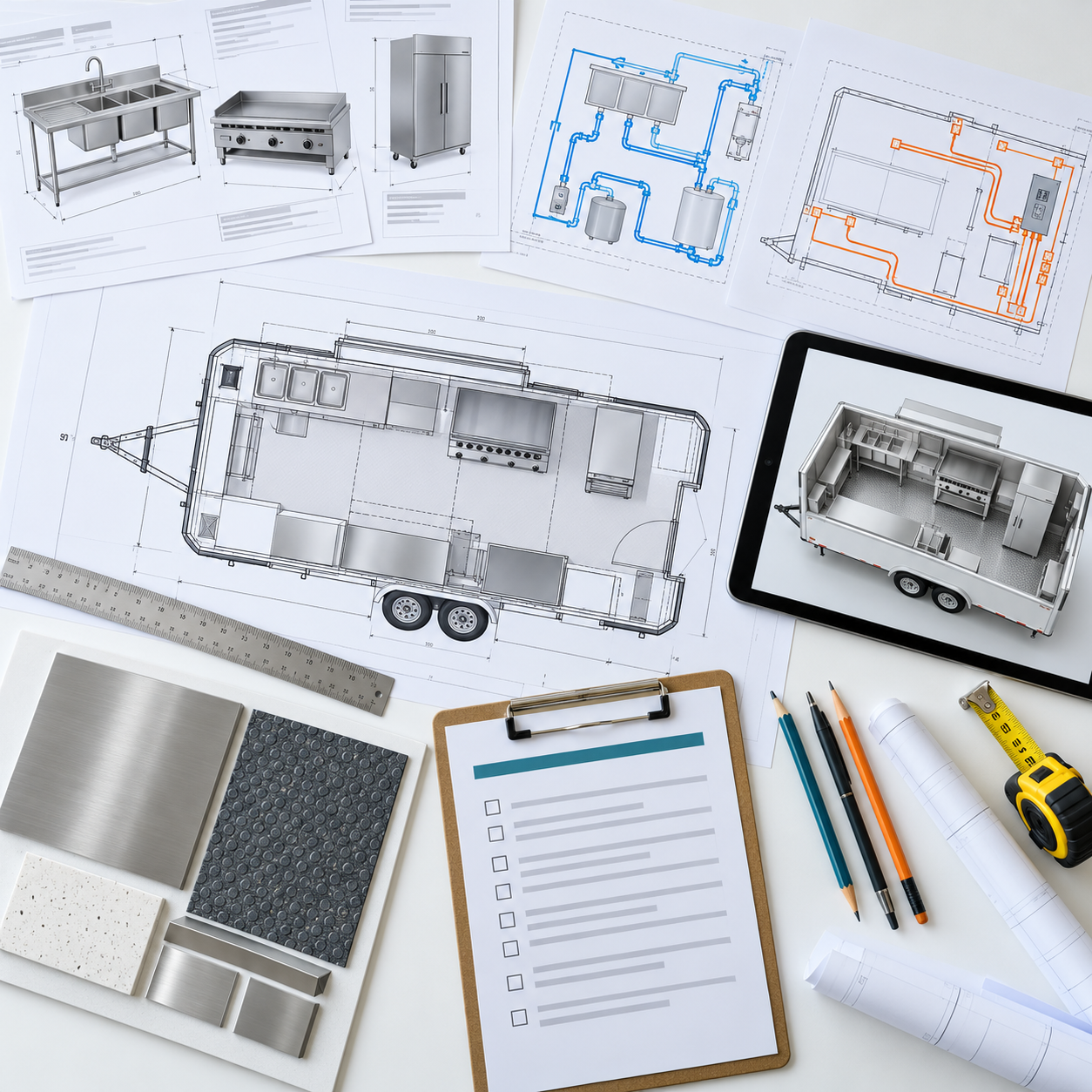 Food truck plan review package with scaled floor plan, equipment cut sheets, plumbing and electrical diagrams